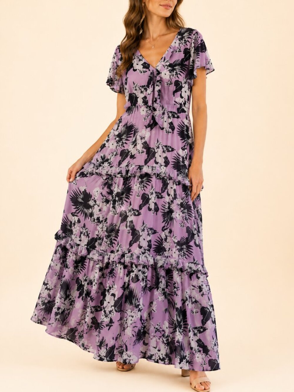 Viva Aviva Lavender Floral Tiered Maxi Dress Romantic Boho Gown